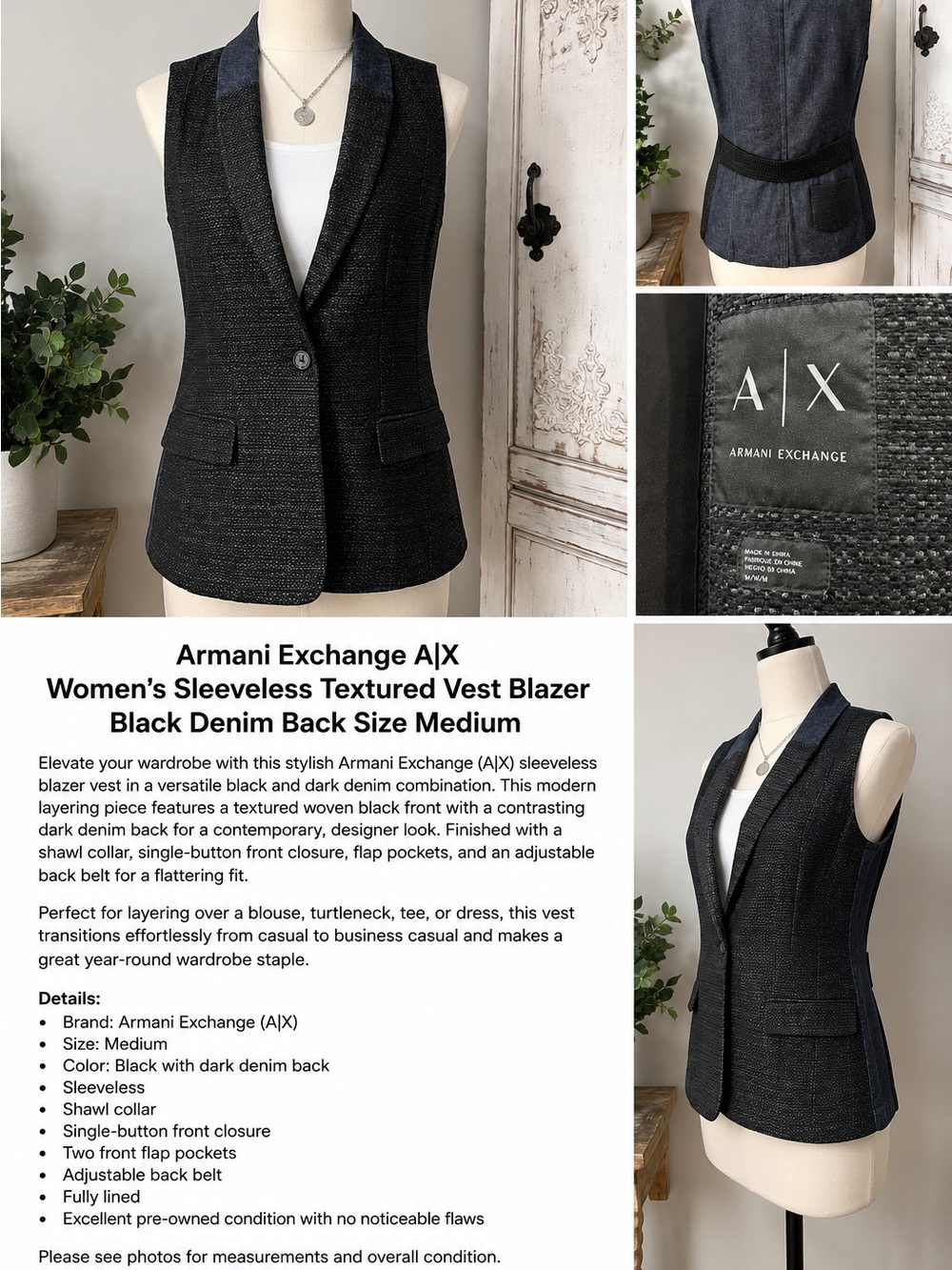 Armani Exchange A|X Women’s Sleeveless Textured Vest Blazer Black Denim Back